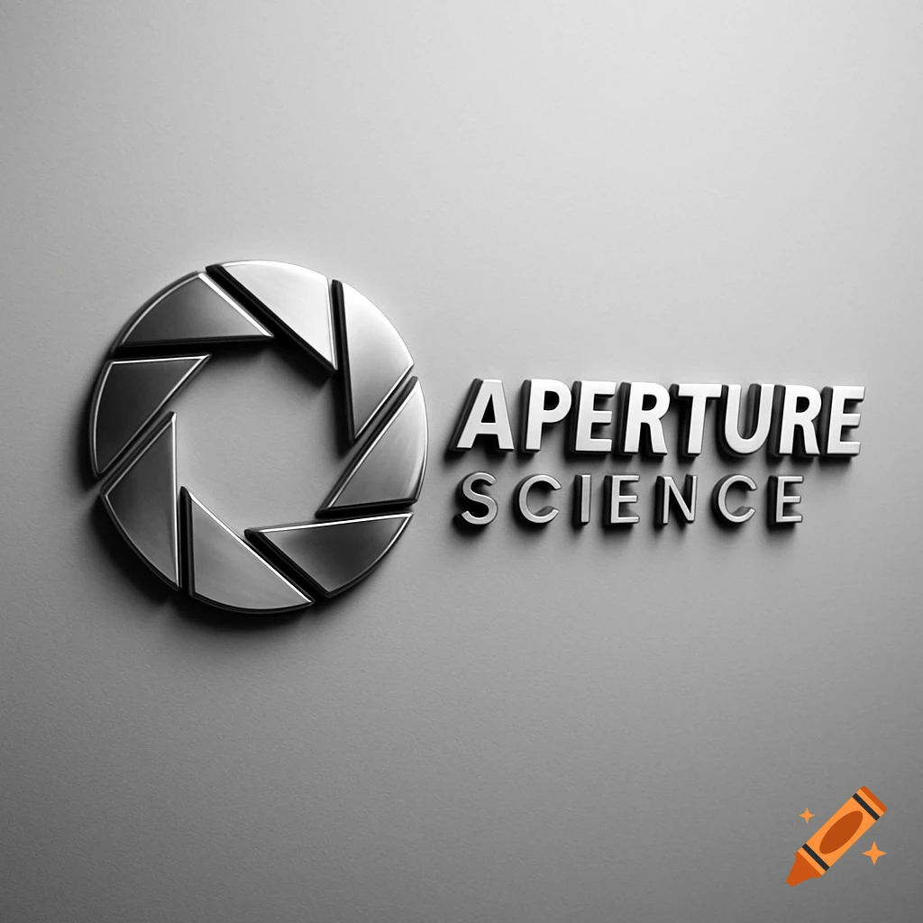 A 3D metallic rendering of the Aperture Science logo, featuring a circular aperture symbol and the words 'APERTURE SCIENCE' in silver against a grey background.