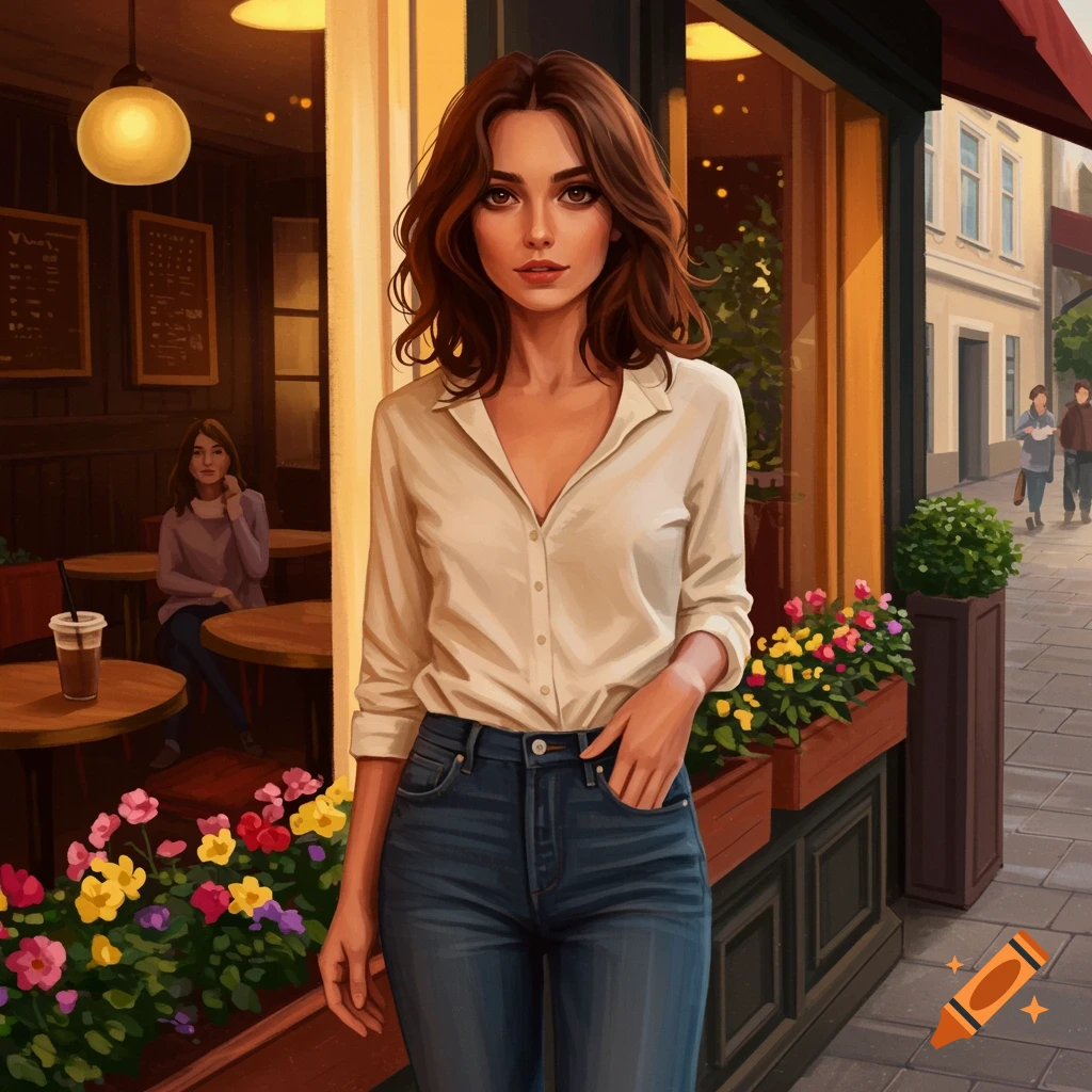 A woman with brown hair in a white shirt and jeans stands outside a cafe on a city street, with another person sitting inside.