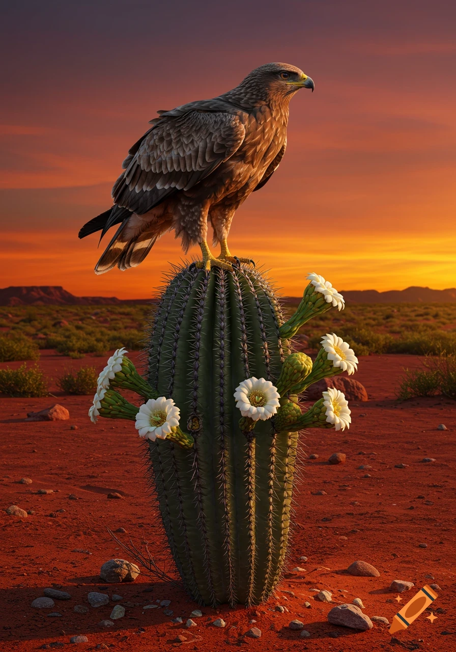 A photorealistic image of a steppe eagle perched on a blooming saguaro cactus in a red desert at sunset.