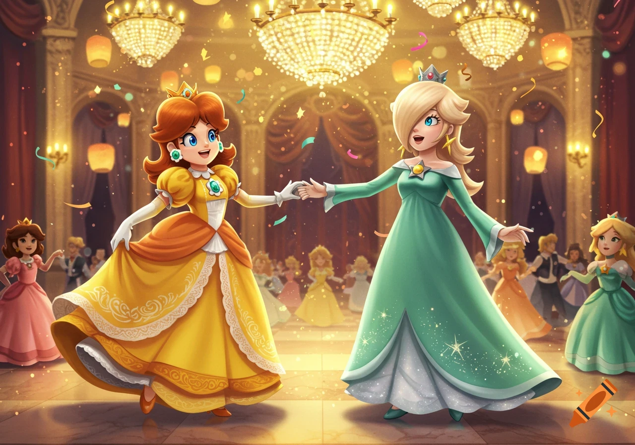 Princess Daisy and Rosalina in elegant dresses dancing in a grand ballroom with chandeliers and falling confetti.