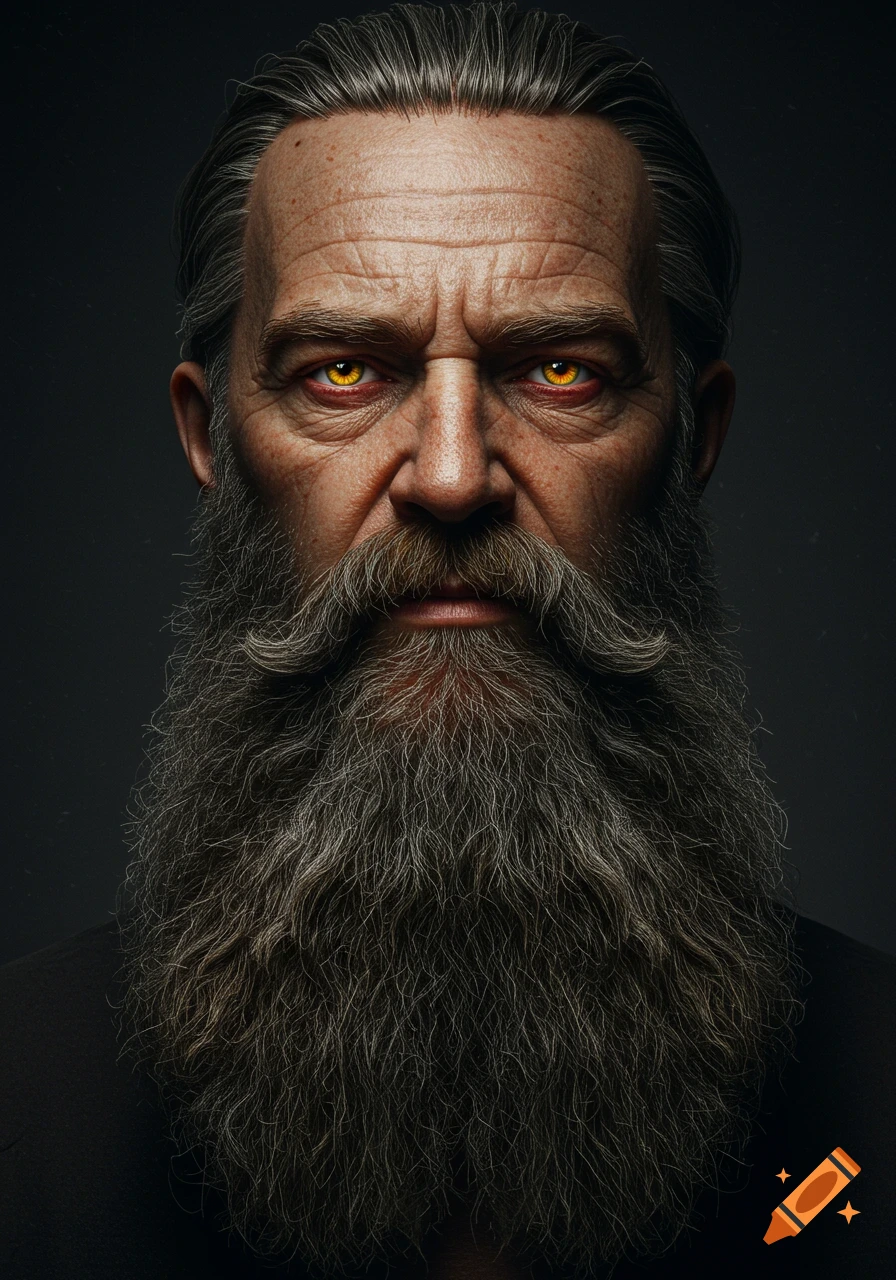 Highly realistic portrait of an old man with a long gray beard and striking yellow, bloodshot eyes.
