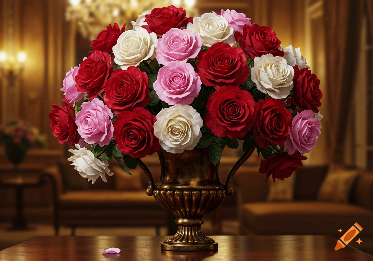 A large bouquet of red, pink, and white roses in a bronze vase on a wooden table in a well-lit room.