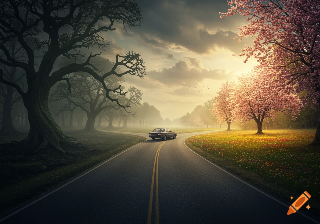 A car on a road at a fork, with one path leading to a dark, misty forest and the other to a bright, flowery field with cherry blossom trees.