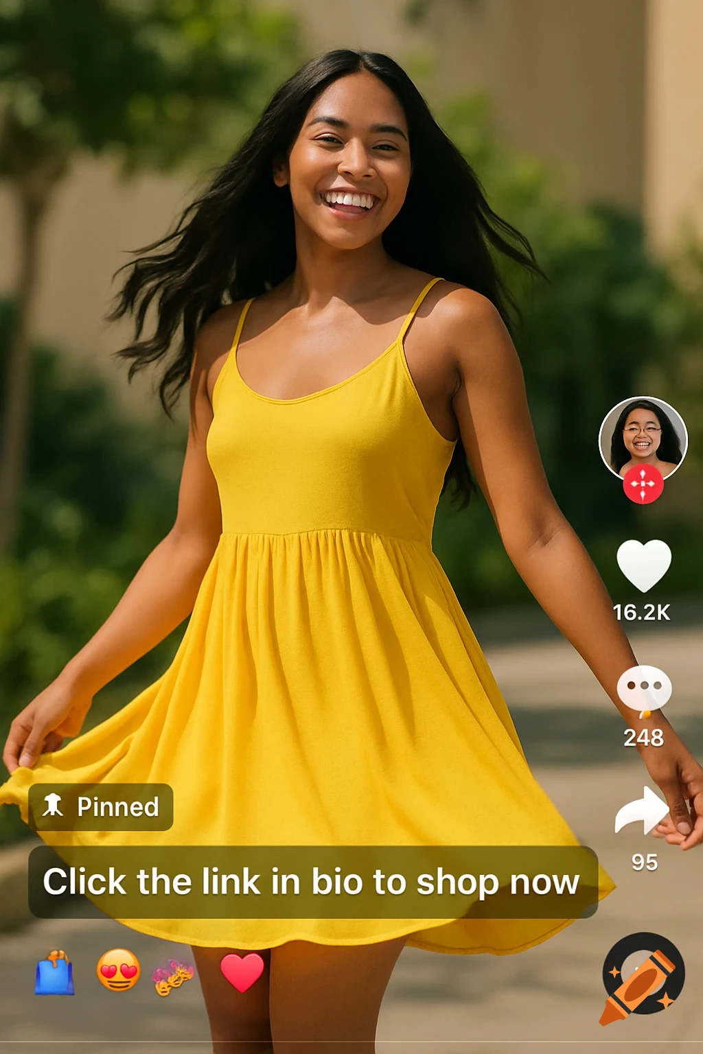 A smiling woman in a yellow sundress twirling outdoors, presented as a social media video screenshot with text overlays.
