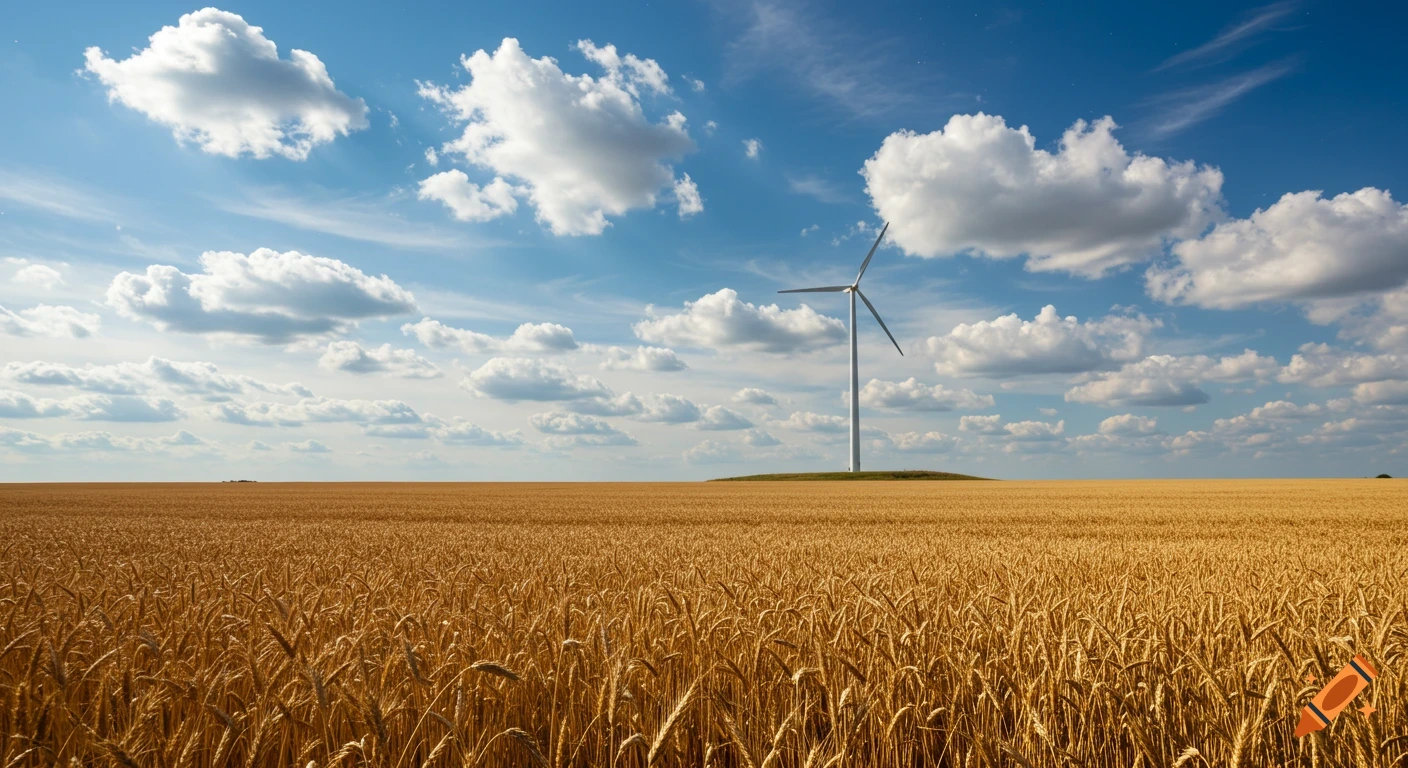 A vast golden wheat field under a vibrant blue sky with fluffy white clouds, featuring a white wind turbine on a small hill.