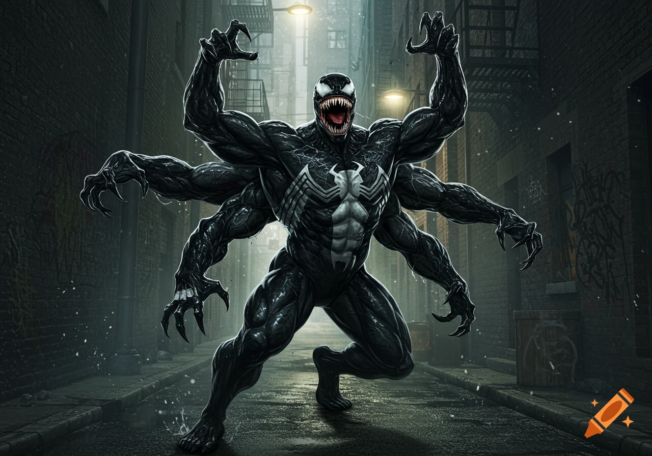 A muscular, six-armed Marvel Venom in a dark alleyway, posed aggressively in a detailed comic book art style.