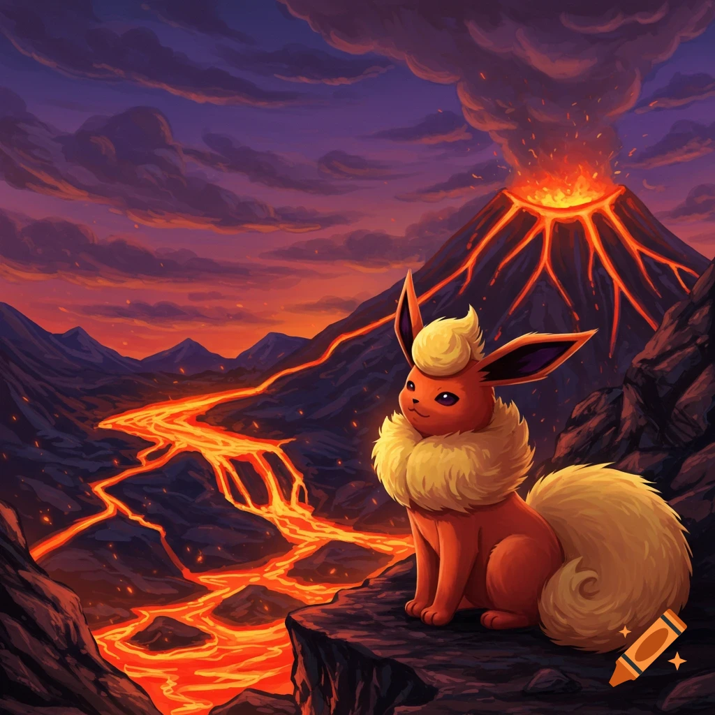 A Flareon Pokemon sits on a rock overlooking an erupting volcano with lava flowing through the landscape at sunset.