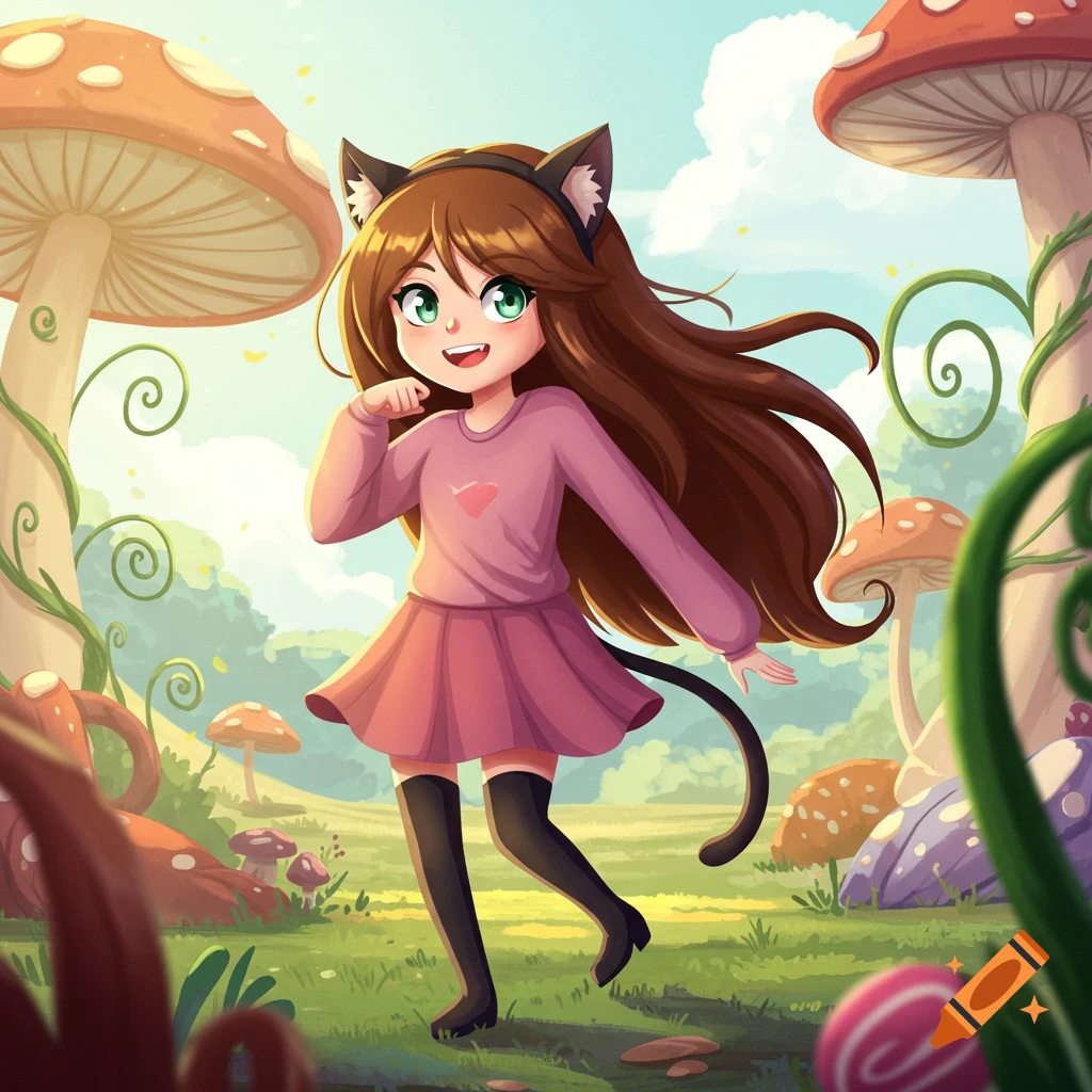 A cute cartoon girl with long brown hair and black cat ears wears a pink dress and black thigh-high socks, standing in a whimsical mushroom forest.