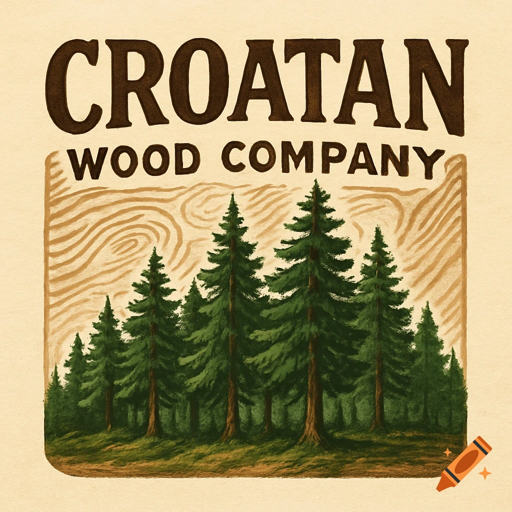 Vintage-style logo for Croatan Wood Company featuring text above a forest of pine trees framed by wood grain.