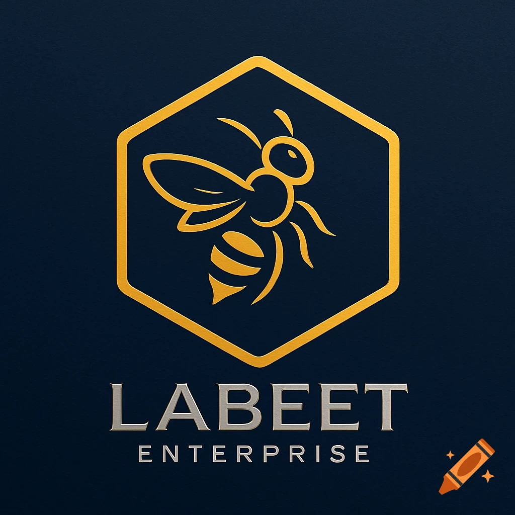 A gold line art bee logo inside a gold hexagon shape, with 'LABEET ENTERPRISE' text below, on a dark blue background.