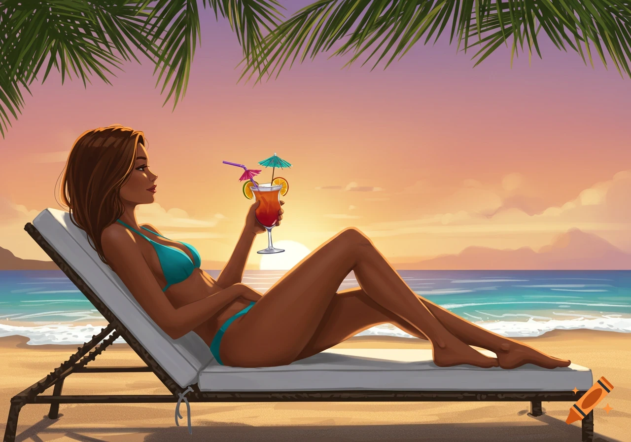 Stylized illustration of a woman in a bikini on a lounge chair, enjoying a cocktail at sunset on a beach.