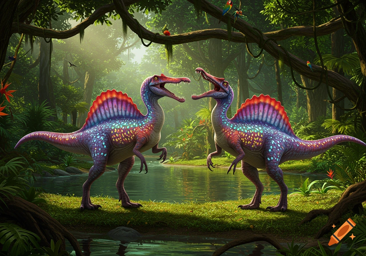 Two vibrantly colored spinosaurs face each other in a lush prehistoric jungle beside a calm body of water.