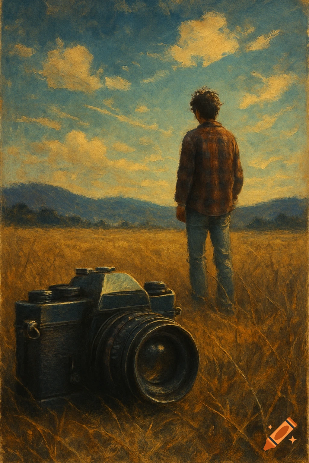 A textured painting of a person standing in a golden field, looking at mountains, with a vintage camera in the foreground.