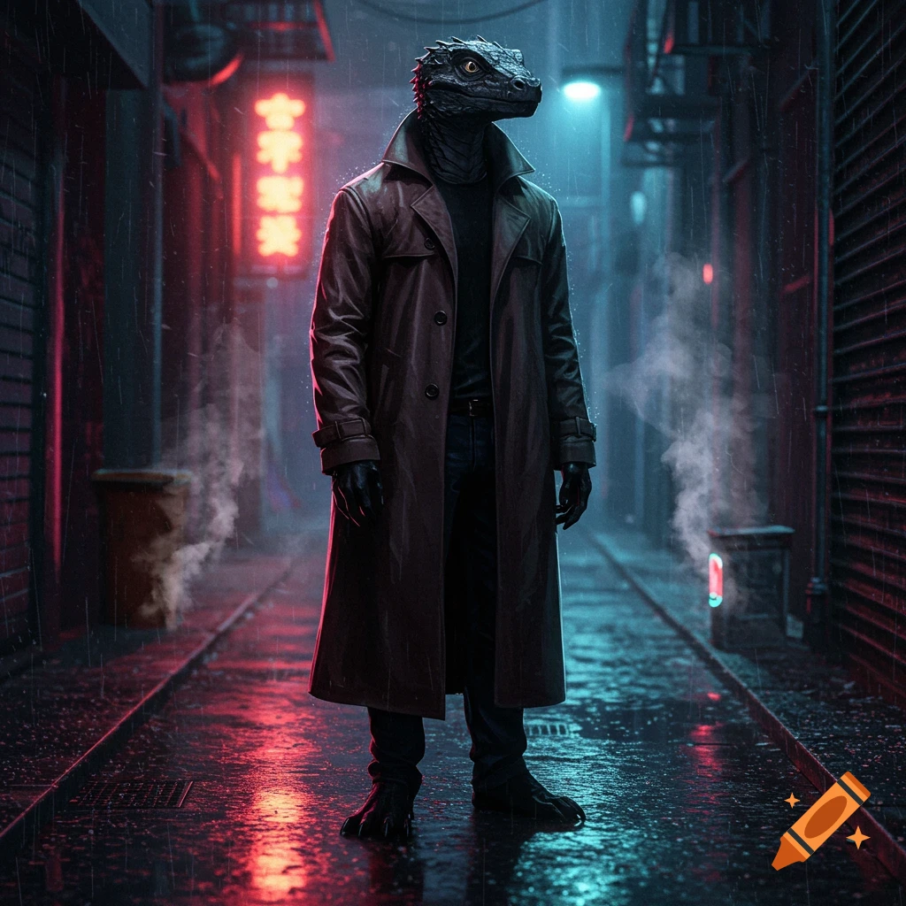 A black lizardman in a trench coat stands in a dark, rainy cyberpunk alley with neon signs.