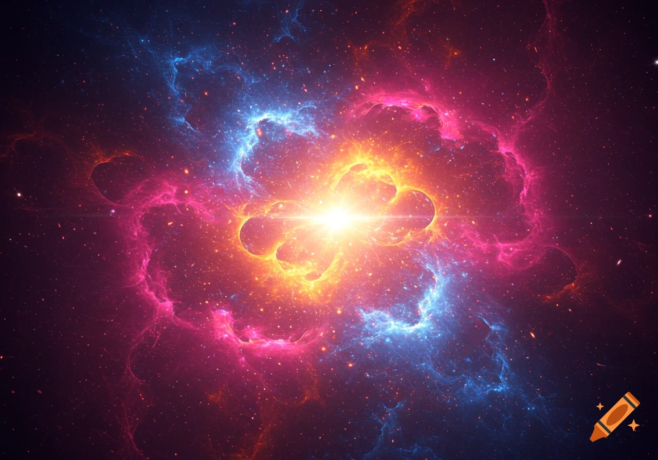 A vibrant nebula with a bright central light burst surrounded by swirling pink, blue, and orange clouds against a starry cosmic background.