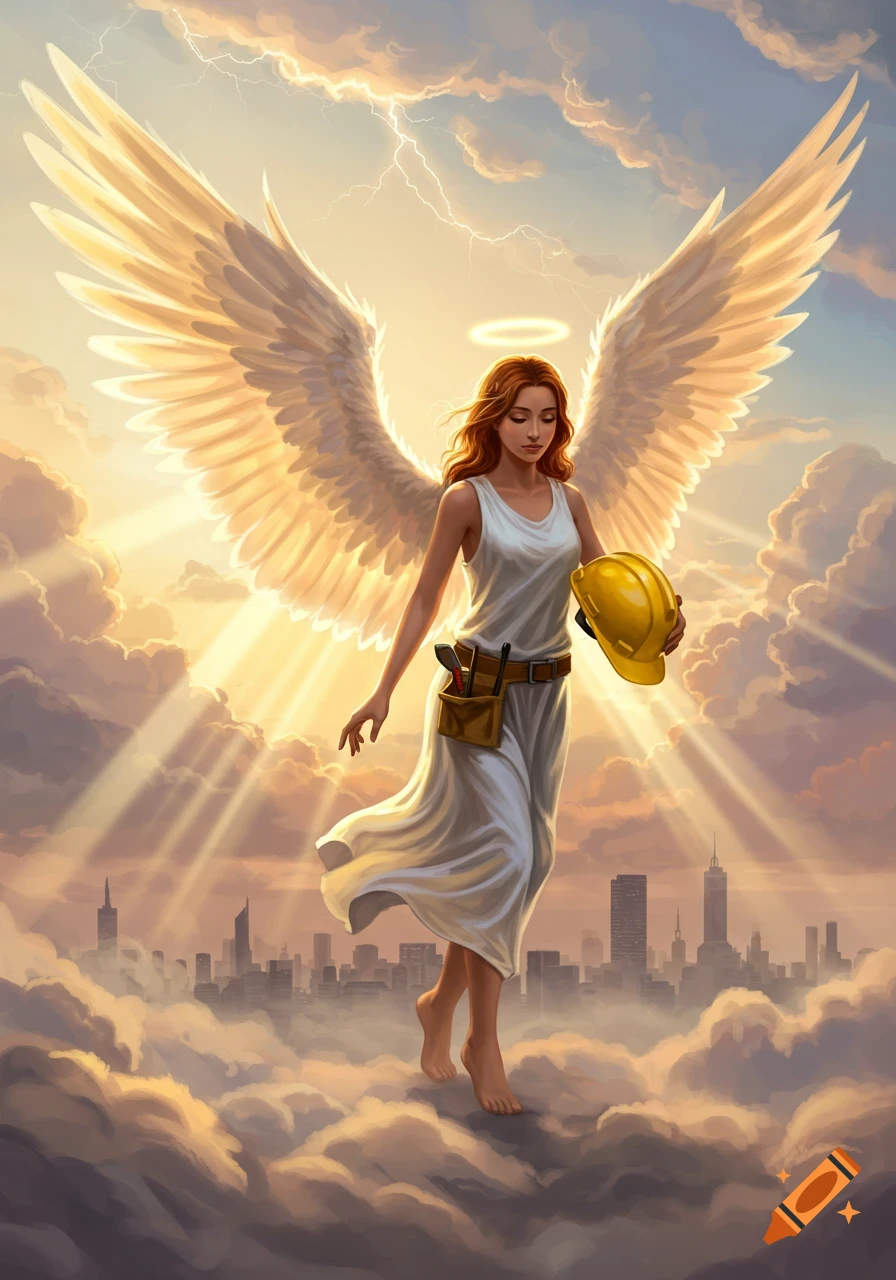 An angelic woman with large white wings, a halo, and a white dress floats above a city, holding a yellow hard hat.