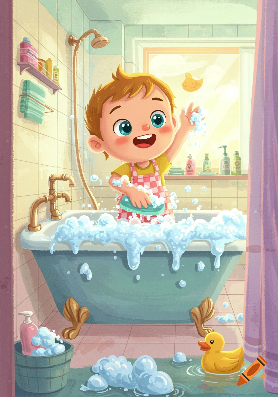 Smiling cartoon boy in a pink apron playing with bubbles in a bathtub with a rubber duck in a brightly lit bathroom.