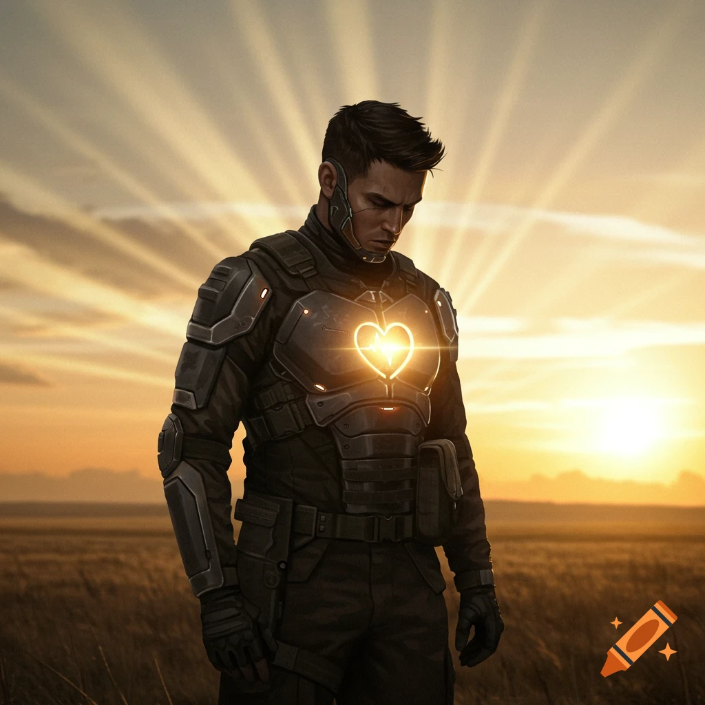 A man in dark sci-fi military armor with a glowing heart on his chest stands in a field at sunset.