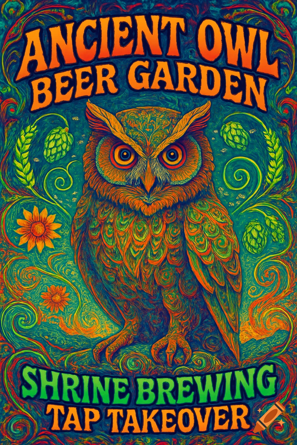 A vibrant psychedelic poster features an owl, hops, and sunflowers with text for 'Ancient Owl Beer Garden' and 'Shrine Brewing Tap Takeover'.