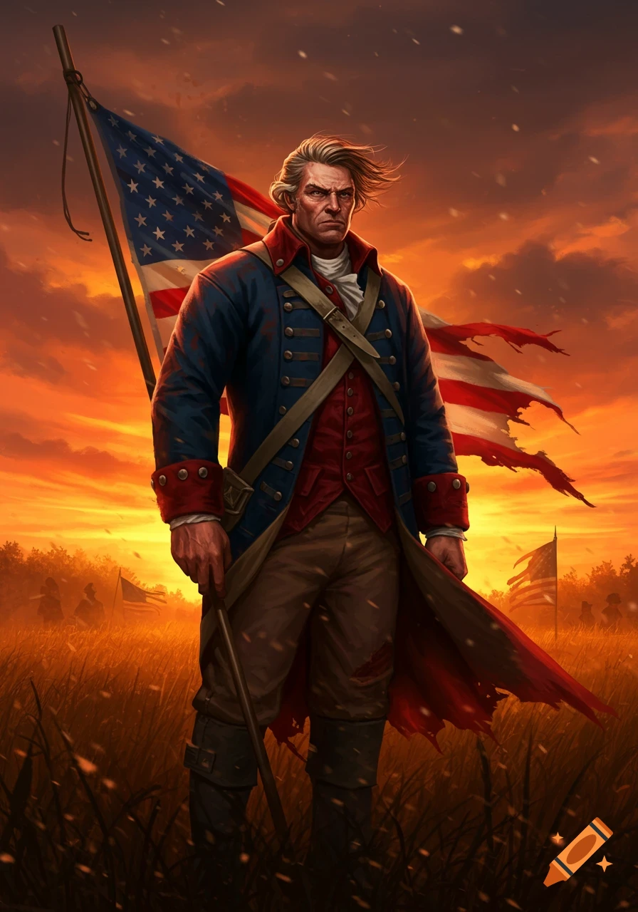 A patriotic colonial man stands heroically in a field at sunset, holding a large American flag. Other figures and a flag are in the background.