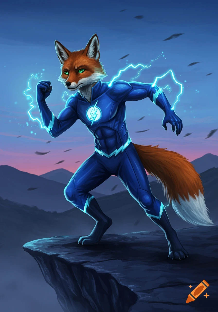 An anthropomorphic fox superhero in a blue suit with a lightning bolt emblem, electricity around its hands, standing on a cliff at dusk.