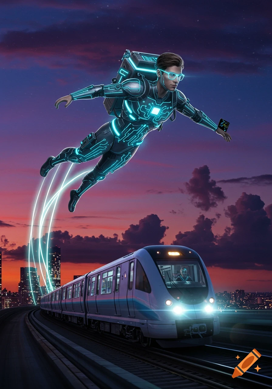 A futuristic man in a glowing circuit suit with a jetpack flies above a speeding train at sunset, with a city skyline in the background.