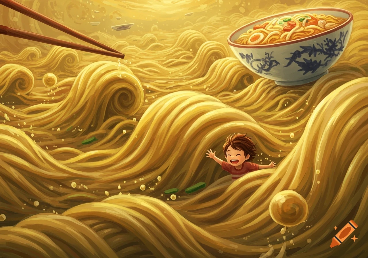 Whimsical cartoon illustration of a happy child swimming through a golden sea of noodles, with a bowl of ramen and chopsticks above.