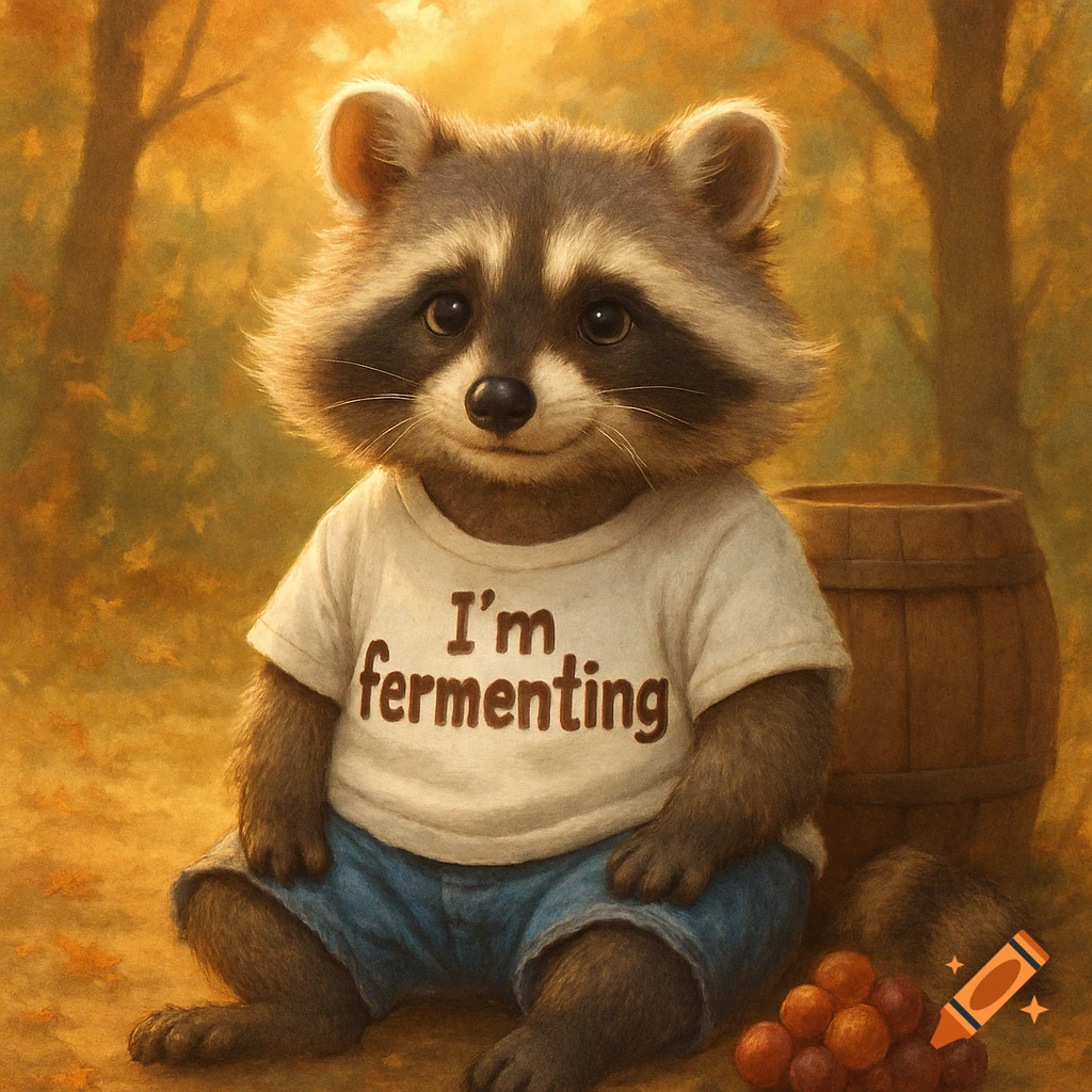 A cute raccoon wearing a white t-shirt that says 'I'm fermenting' and denim shorts, sitting in an autumn forest next to grapes.