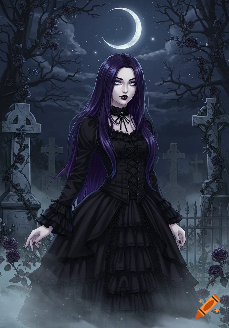 An anime-style gothic girl with long purple hair and light eyes in a black ruffled dress stands in a foggy graveyard under a crescent moon.