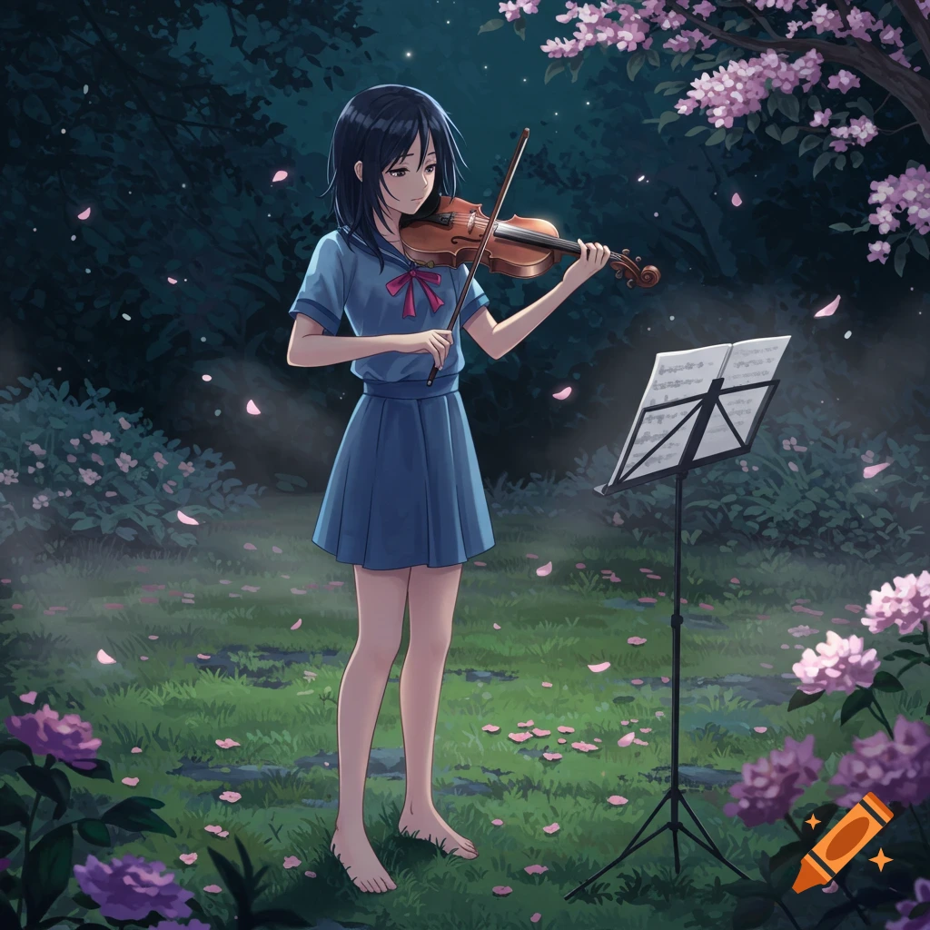 Anime style image of a young girl playing the violin outdoors at night with cherry blossoms and falling petals.