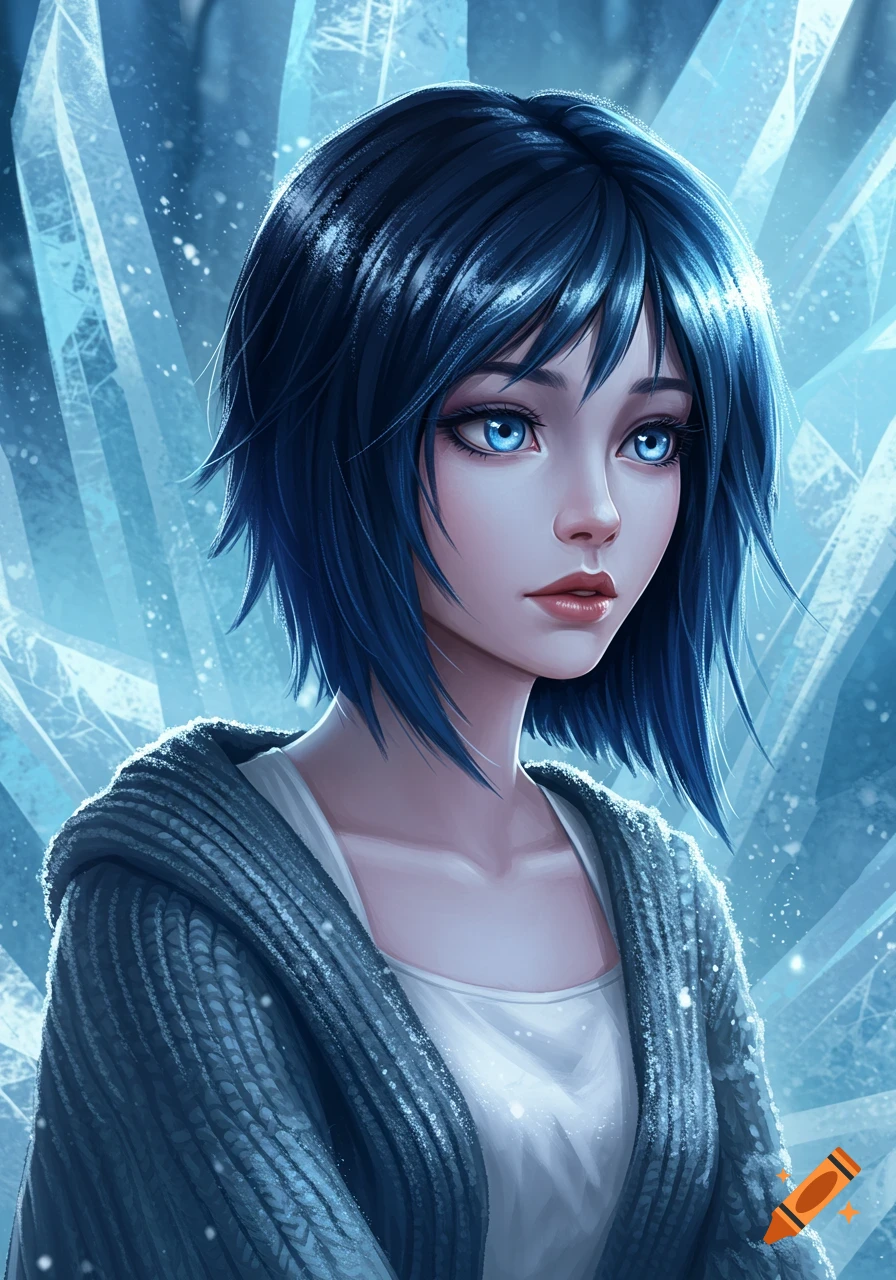 Digital art portrait of a girl with blue-black hair and blue eyes, wearing a gray-blue sweater, standing in front of an icy background with falling snow.