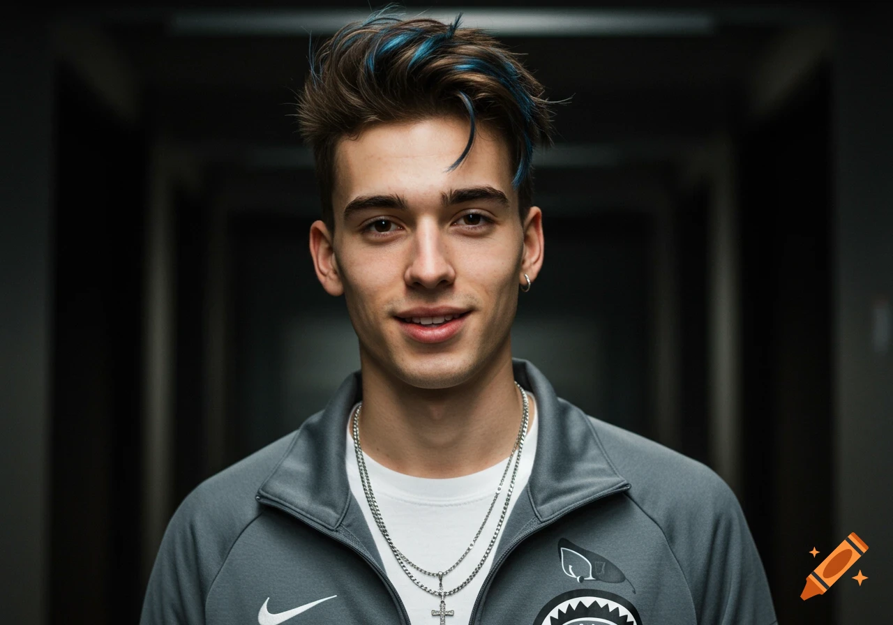 A photorealistic portrait of a smiling young man with brown hair and blue highlights, wearing a grey jacket and silver chains, looking at the viewer.