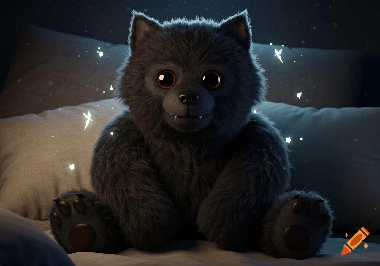 Photorealistic dark gray fluffy werewolf stuffed animal with big eyes sitting on a bed with glowing stars and fairies.