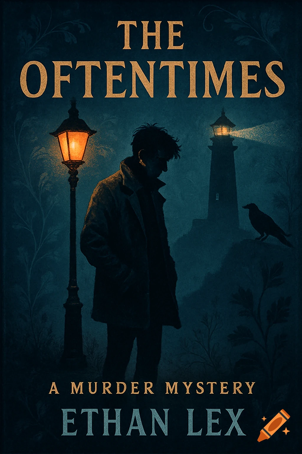 A dark book cover featuring a silhouetted man, a streetlamp, a distant lighthouse, and a raven, with the title 'The Oftentimes'.