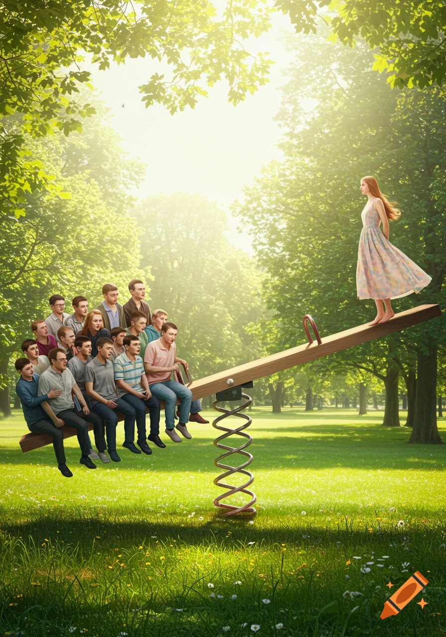 Many men sit on one side of a seesaw in a sunny park, while one woman stands elevated on the other side.