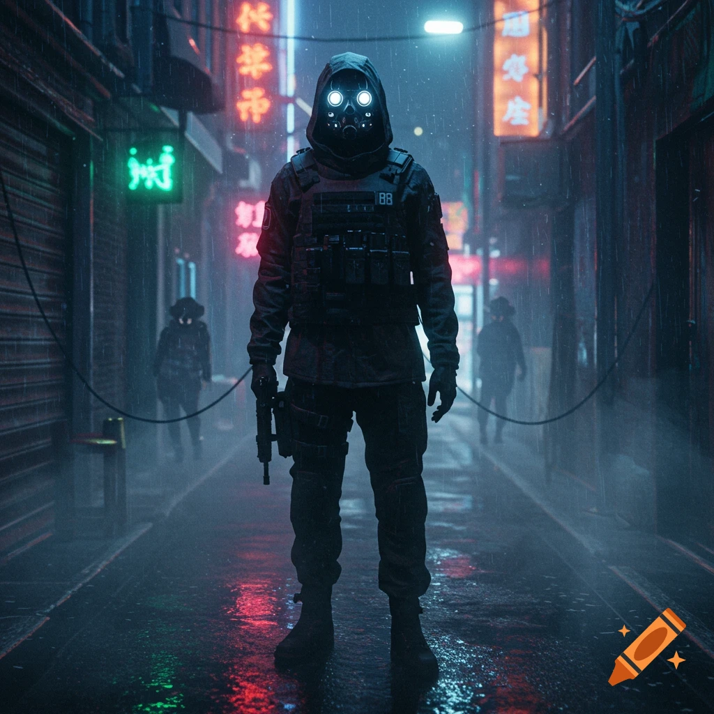A mysterious futuristic operative in tactical gear and a glowing gas mask stands in a dark, neon-lit, rainy alleyway.