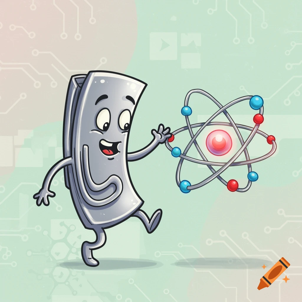 A cartoon character resembling Clippy interacting with a model of an atom, set against a background with circuit board patterns.