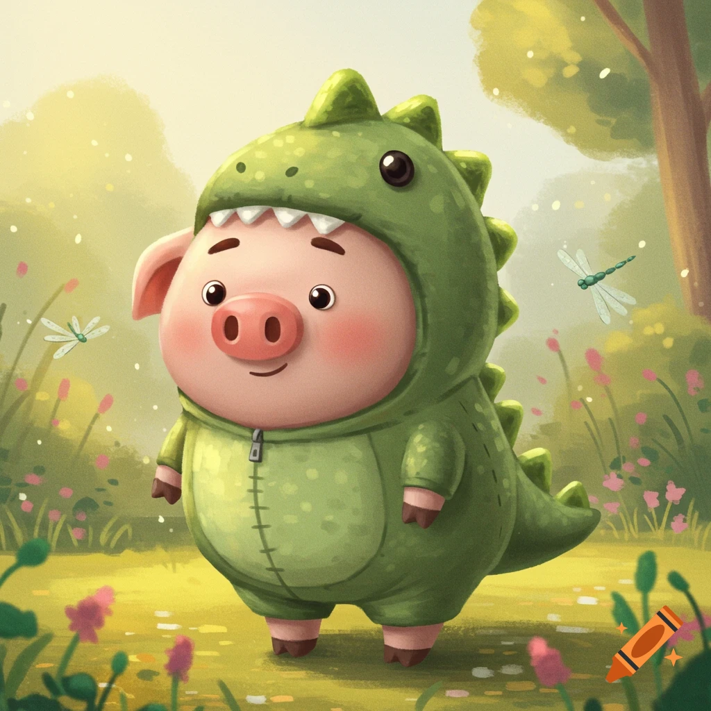 A cute cartoon pig wearing a green dinosaur costume stands in a field with flowers and dragonflies.
