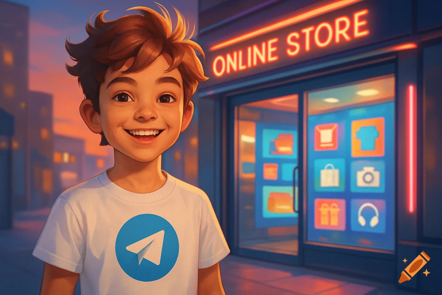 A smiling young boy wearing a white t-shirt with the Telegram logo stands outside an online store at sunset in a digital art style.