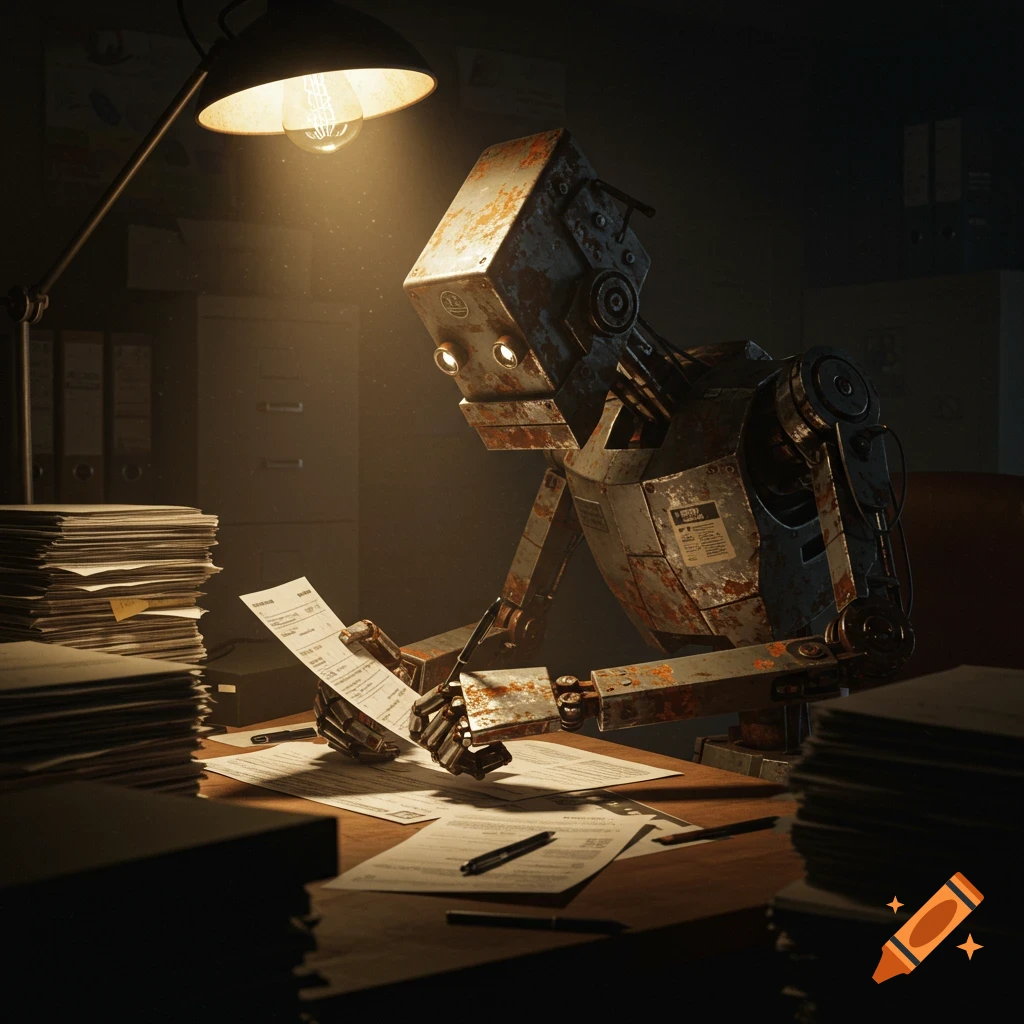 A realistic, rusted, lanky robot sits at a cluttered desk in a dark room, intently reading a document under the glow of a desk lamp.