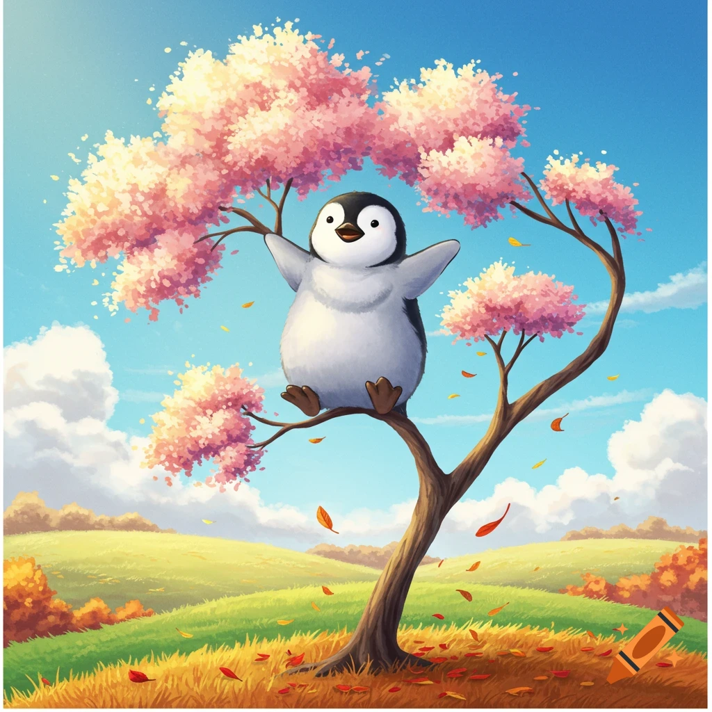 A cute cartoon penguin sits happily in a tree with pink blossoms, surrounded by a vibrant green and yellow hilly landscape under a bright blue sky.