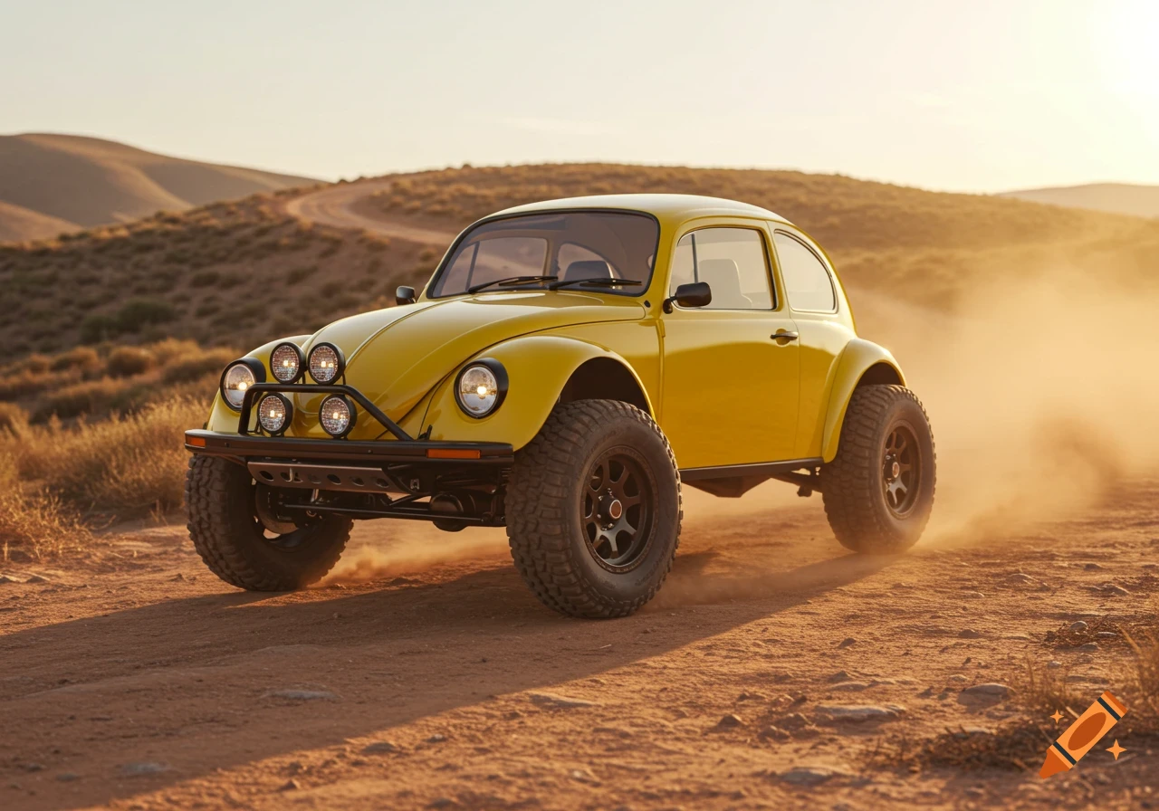A bright yellow lifted 1963 Baja Bug drives down a dusty dirt road, kicking up reddish-brown dust in a sunny, late afternoon photorealistic style.