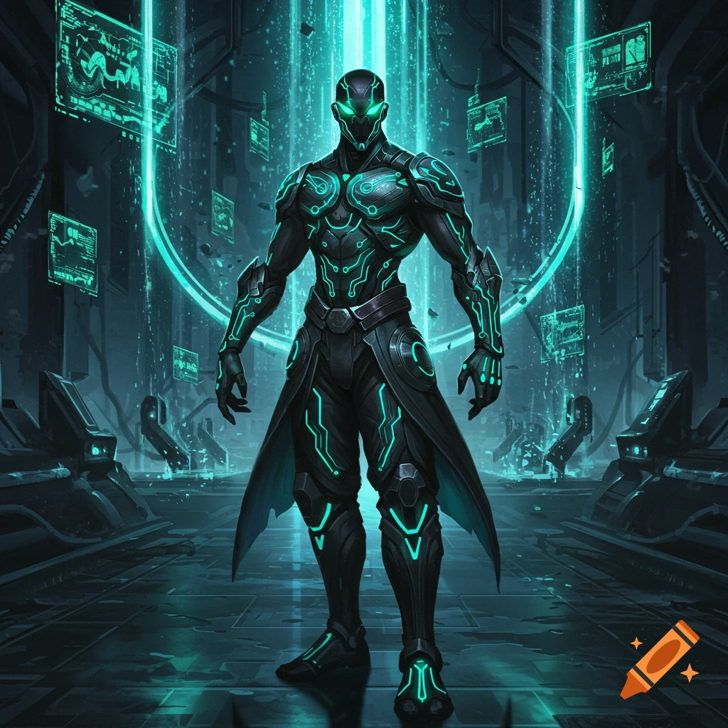 A dark armored futuristic character with glowing teal lines stands in a cybernetic hall with floating screens and light beams, digital art.