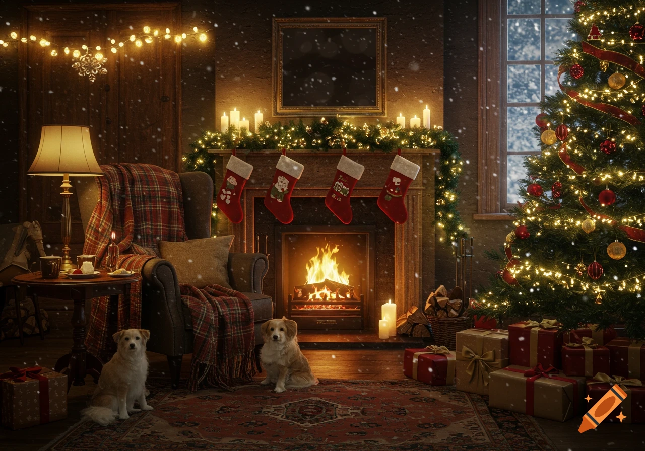 A cozy Christmas living room with a fireplace, decorated tree, and two dogs. Snow falls outside a window, and lights twinkle.