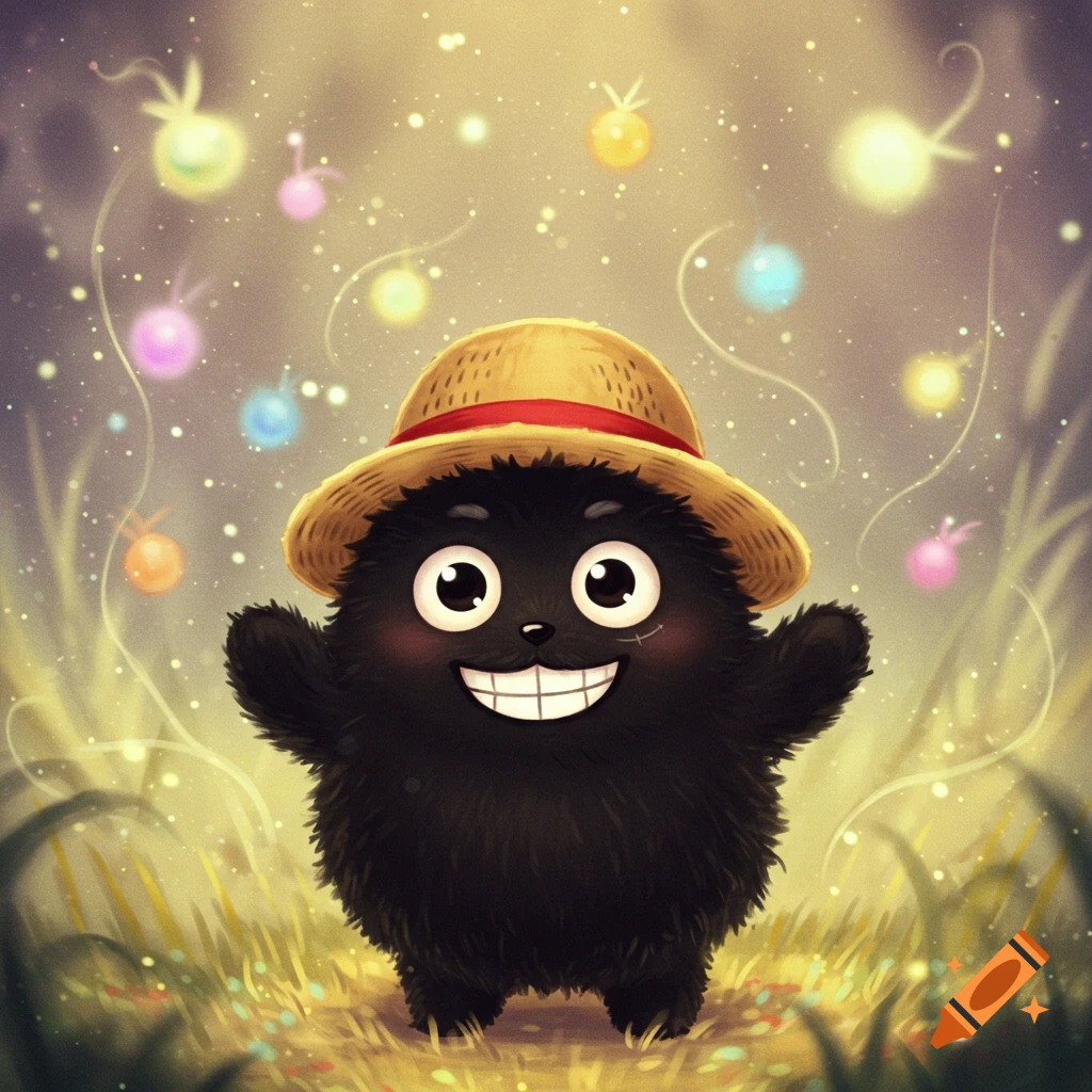 A fluffy black creature wearing a straw hat, smiling, surrounded by glowing orbs in a grassy field.