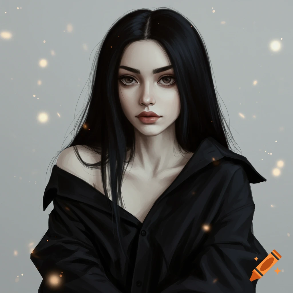 Digital portrait of a pale woman with long black hair and dark eyes, wearing an off-shoulder black shirt.