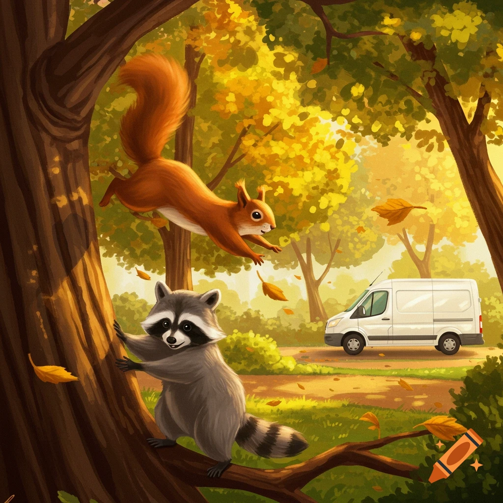 A cartoon squirrel leaps through autumnal trees while a raccoon stands on a branch below, with a white van in the background.