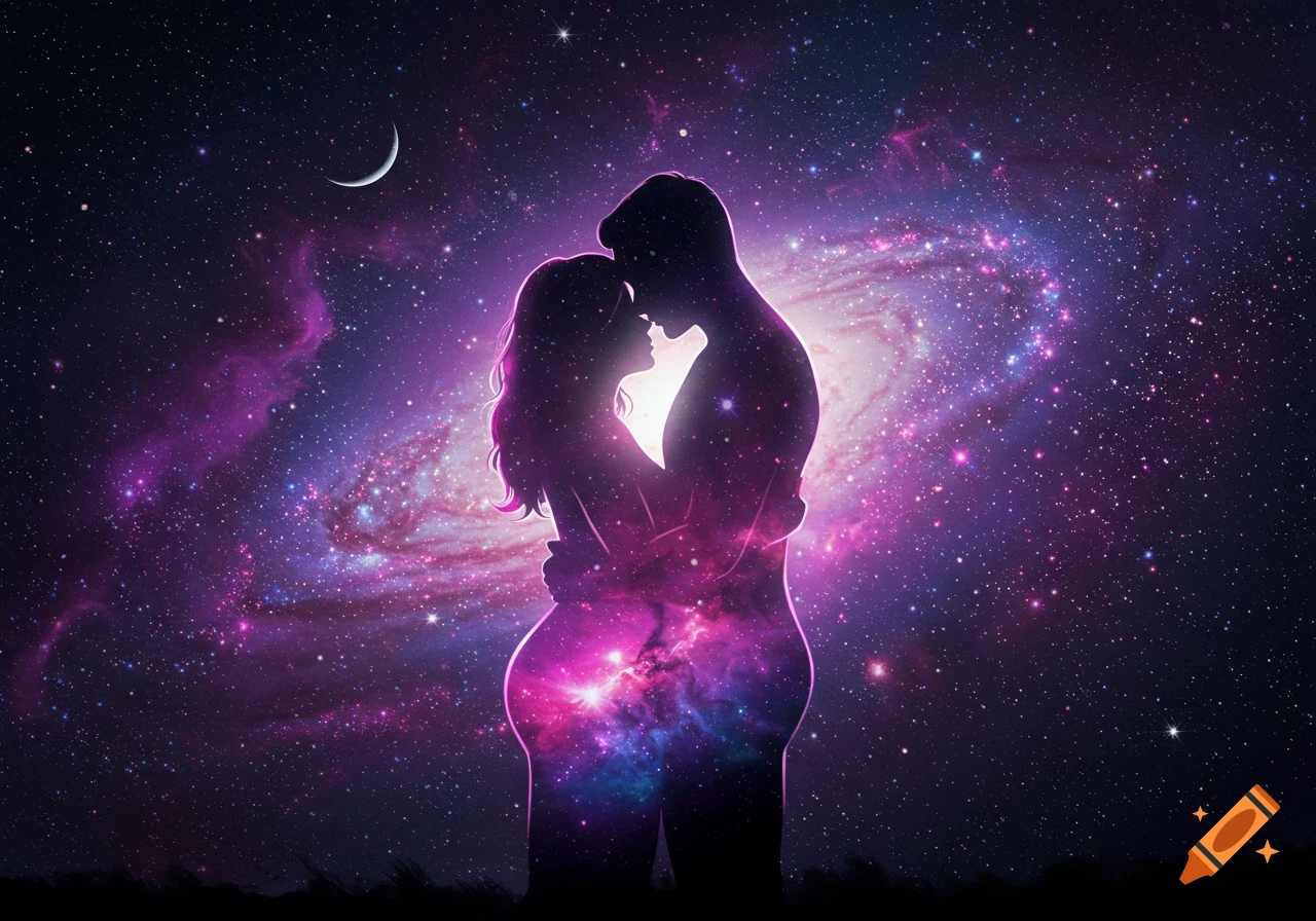 Silhouettes of a man and woman embracing against a vibrant purple and blue galaxy background with stars and a crescent moon.