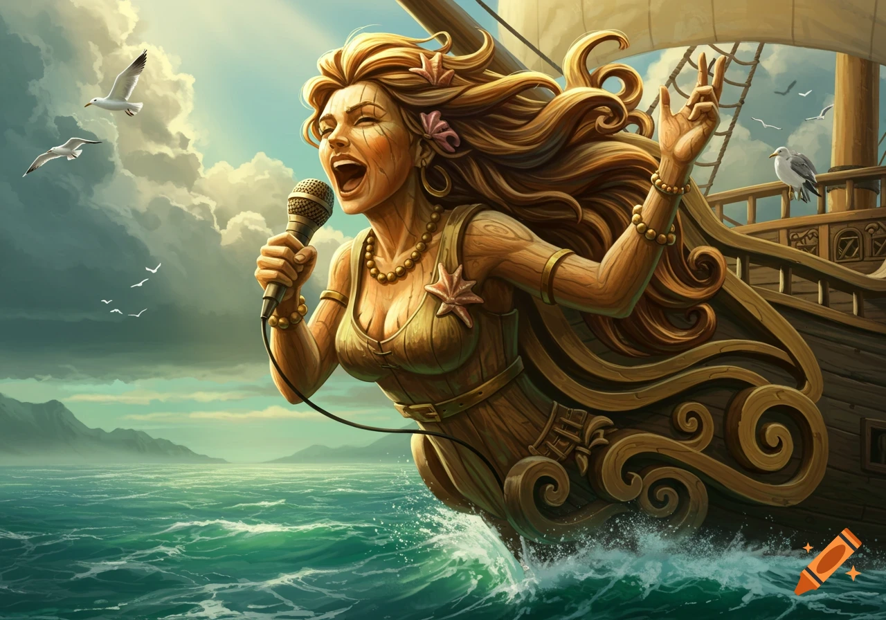 A detailed illustration of a wooden female figurehead on a ship's bow, singing into a microphone amidst choppy seas and seagulls.