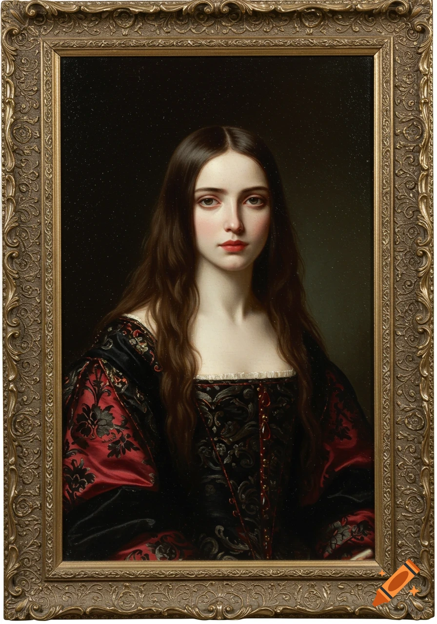 An oil painting portrait of a pale woman with long dark hair wearing a black and red gown, set in a bronze frame.